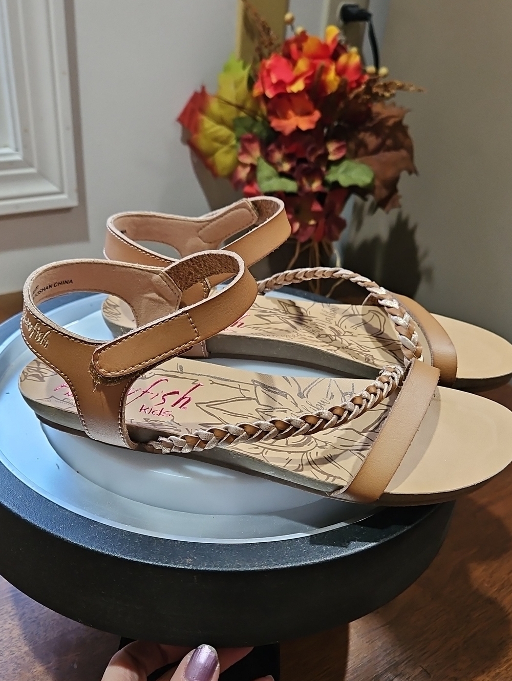 Girls' Tan Braided Ankle-Strap Sandals - Picture 4 of 13